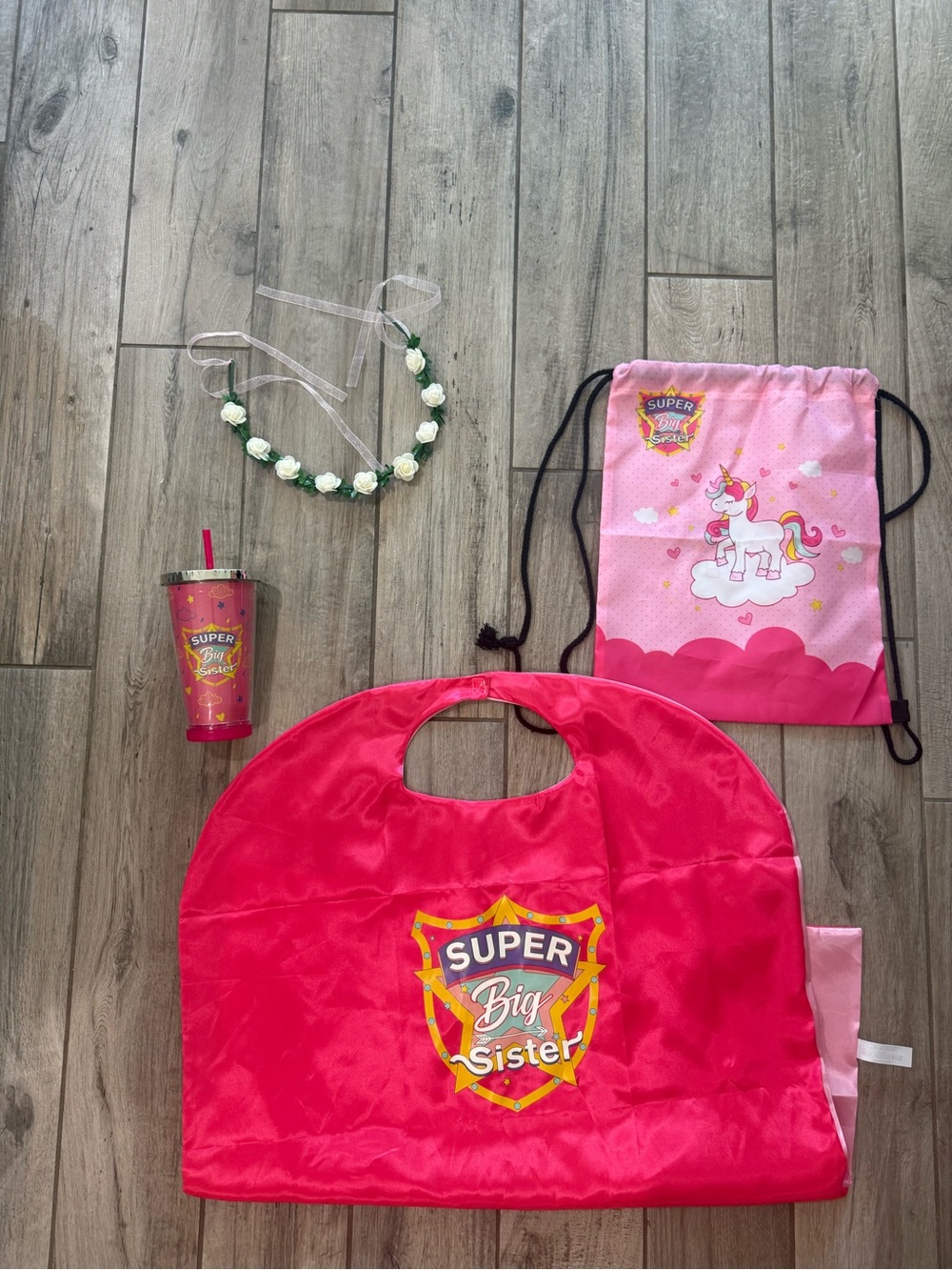 Kids Super Big Sister Pink Cape and Unicorn Drawstring Bag Set